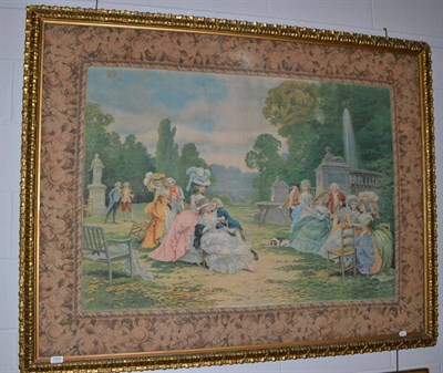 Lot 1005 - A large woven picture depicting 18th century figures in a garden with a machine worked border...