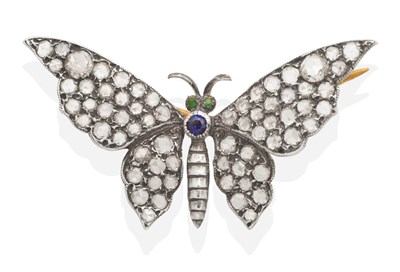 Lot 475 - A Diamond, Sapphire and Emerald Butterfly Brooch, set throughout with rose cut diamonds, with a...