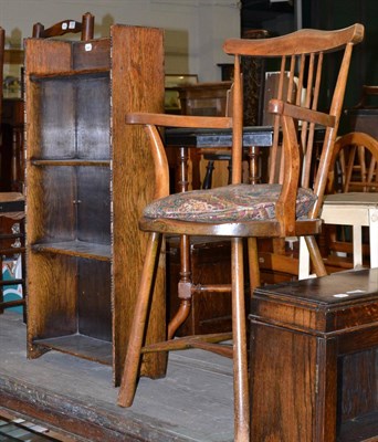 Lot 1028 - A small oak open bookcase, a late Victorian walnut and ebonised occasional table, an oak hinged...