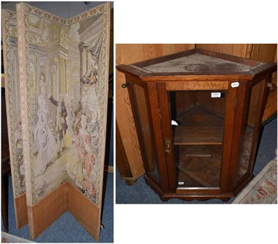 Lot 1031 - Corner cupboard, screen, a glazed pine wall hanging cabinet and two boxes of assorted records