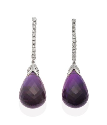 Lot 477 - A Pair of 18 Carat White Gold Amethyst and Diamond Pendant Earrings, a line of articulated...