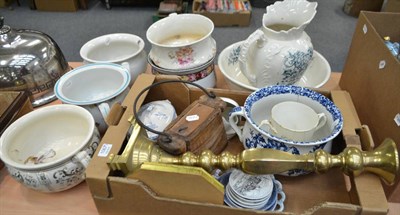 Lot 1067 - Victorian loving cup 'Love Feast', six chamber pots, brass candlestick, inlaid plaque etc