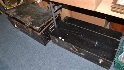 Lot 1073 - Black painted tin trunk enclosing assorted woodworking and other tools, planes etc and another...