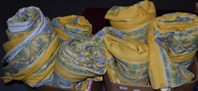 Lot 1074 - Three pairs of yellow ground, lined curtains with a floral and grape pattern - two pairs...