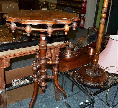 Lot 1098 - Late Victorian walnut occasional table and carved standard lamp and shade (2)