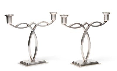 Lot 502 - A Pair of Art Deco Silver Two Light Candelabra, Goldsmiths & Silversmiths Co, London 1937, of...