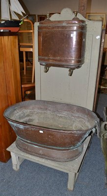 Lot 1107 - 19th century painted oak stand with attached copper water heater with incised decoration and...