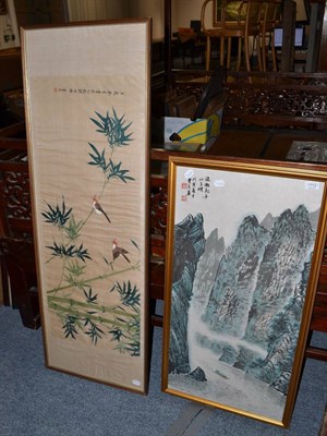 Lot 1112 - A Chinese watercolour of a boat in a monumental landscape and a Chinese bird picture painted on...