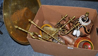 Lot 1120 - A brass three branch candelabra, a poker, a lamp, a large circular tray etc