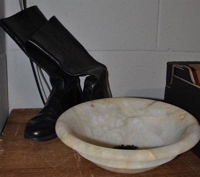 Lot 1122 - Alabaster lamp shade and a pair of black leather riding boots