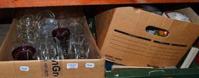 Lot 1127 - Two pieces of coloured glass, other glassware, Aynsley Bowl (a.f.) and a plate etc (in three boxes)