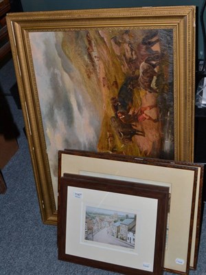 Lot 1147 - An oil on canvas depicting a highland scene, pair of coastal scenes watercolours signed Adams...