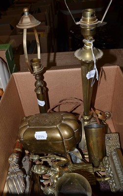 Lot 1162 - Two brass lamps, shell case and brassware