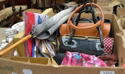 Lot 1164 - Assorted leather and patent handbags, scarves, umbrella, dressing table set etc (one box)