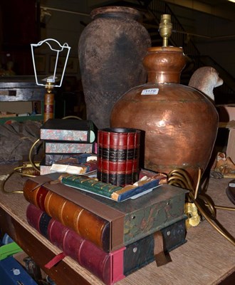 Lot 1179 - Small collection of items including two table lamps, African terracotta vase, eight faux books, etc