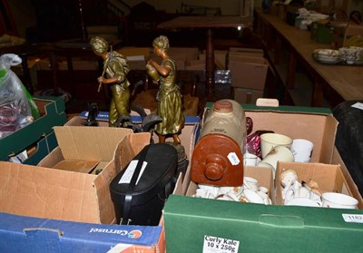 Lot 1182 - A pair of spelter figures, a cased violin, two pairs of binoculars, etc