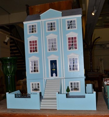 Lot 1183 - Modern pale blue Georgian style dolls' farmhouse on base, fully furnished (with two boxes of...