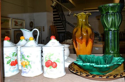 Lot 1184 - Jug and basin set, set of pottery storage jars, vases, chamber pot etc