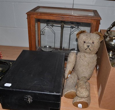 Lot 1197 - Stereo viewer, HMV gramophone, cased chemical balance and a teddy