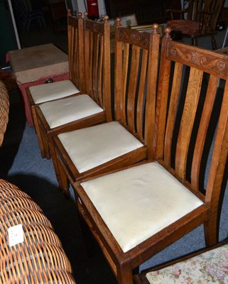 Lot 1207 - Set of four carved oak dining chairs, bedroom chair and fabric covered blanket chest