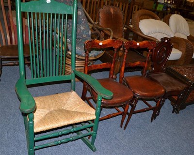 Lot 1214 - Green painted American rocking chair, two Edwardian chairs and a hall chair