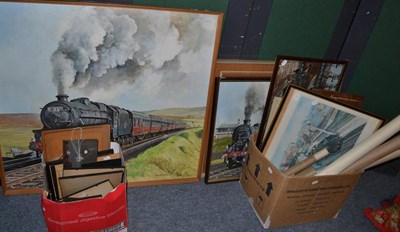 Lot 1224 - Collection of assorted railway pictures and prints including two original oil on canvas by Derc...