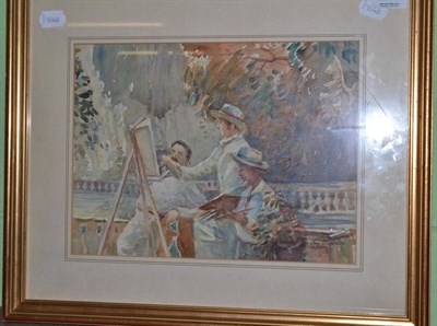 Lot 1274 - Tom Anderton, figures painting en plein air, signed, watercolour