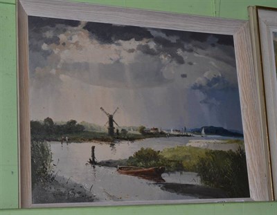 Lot 1277 - W Sidney-Reed, coastal scene with windmill, possibly East Anglia, oil on hardboard