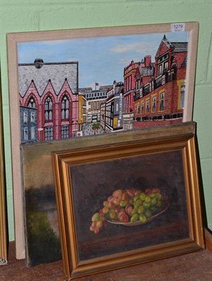 Lot 1279 - Three pictures - oil on board by G Gough of Leeds Precinct; oil on canvas still life of fruit...