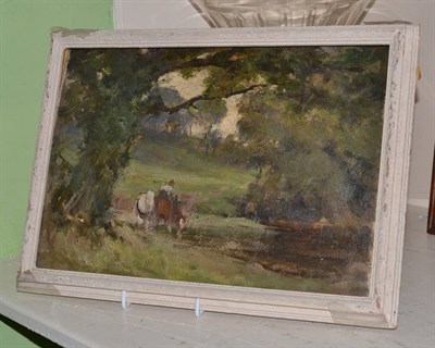 Lot 1292 - Owen Bowen, oil on board, two cart horses in a woodland near a river, unsigned, together with a...