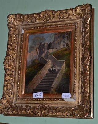 Lot 1300 - H. Woods (19th century) Mother and child on church steps, signed, oil on canvas