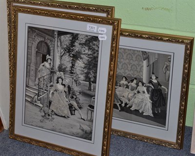 Lot 1301 - Three woven pictures, in black and white depicting 18th century figures