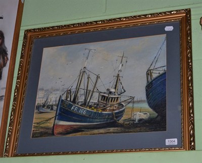 Lot 1304 - An oil painting by Jack Rigg of a fishing vessel, moored