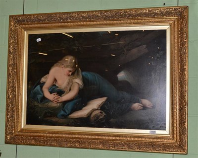 Lot 1328 - A large gilt framed colour print of a young girl reclining in the undergrowth with a book and skull