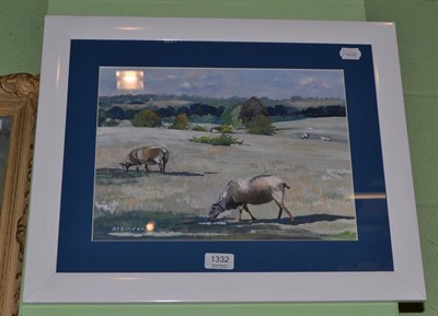 Lot 1332 - Sue Atkinson (b.1949) Sheep grazing, signed, gouache