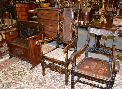 Lot 1378 - A carved oak monk's bench, an 18th century style dining chair and a carved oak armchair