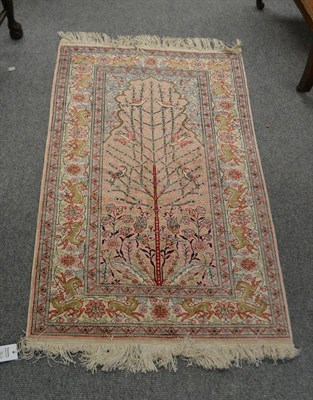 Lot 1407 - Kayseri Silk rug, Central Anatolia, the salmon pink field with Tree of Life beneath the Mihrab...