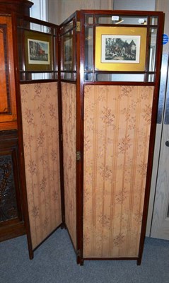 Lot 1444 - A late Victorian mahogany framed and glazed three fold screen inset with coloured hunting prints