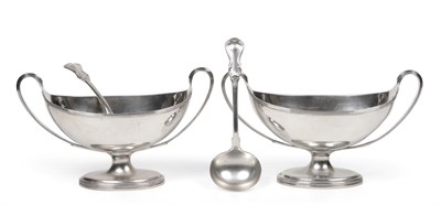 Lot 540 - A Pair of George III Silver Sauce Tureens, Henry Chawner, London 1794, oval on pedestal foot,...