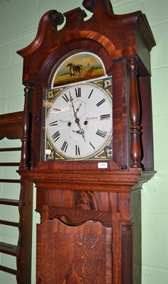 Lot 1466 - A late 19th century oak and mahogany crossbanded longcase clock with painted arched dial, Briggs of