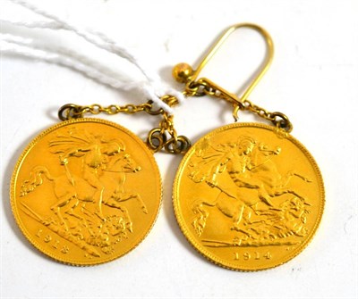 Lot 7 - A pair of half sovereign earrings (1913 and 1914)