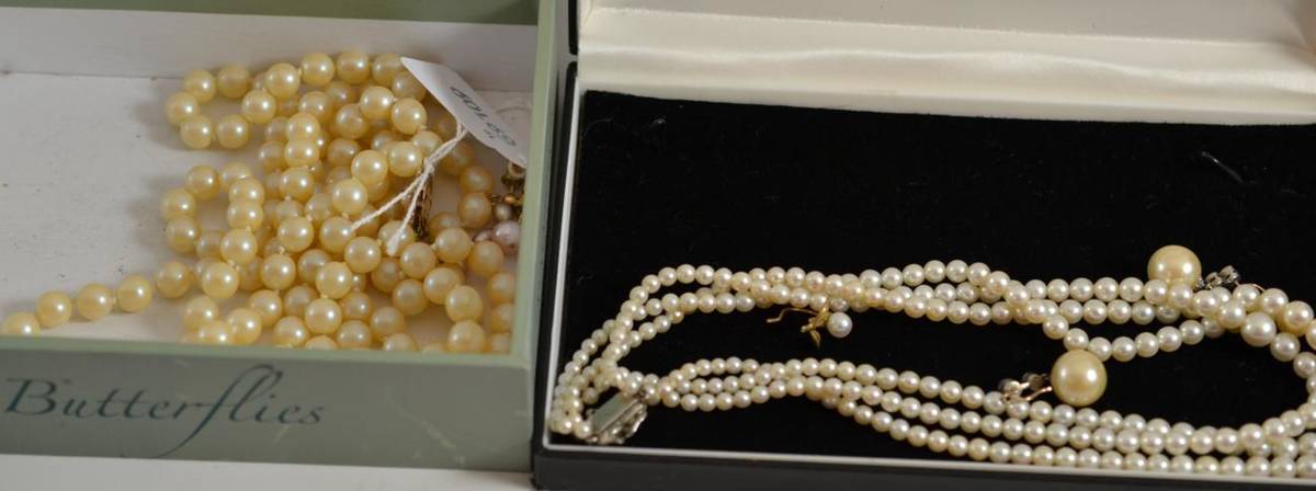 Lot 28 - A cultured pearl three row necklace, a 'pearl' necklace with 9ct gold clasp and assorted earrings
