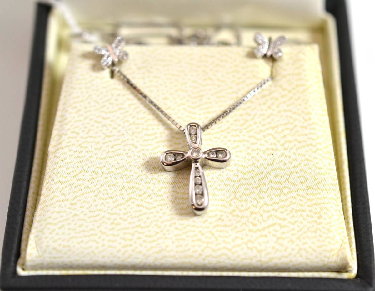 Lot 40 - A 14ct white gold diamond cross pendant on a 9ct white gold box link chain together with a pair...