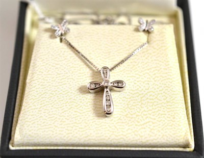 Lot 40 - A 14ct white gold diamond cross pendant on a 9ct white gold box link chain together with a pair...