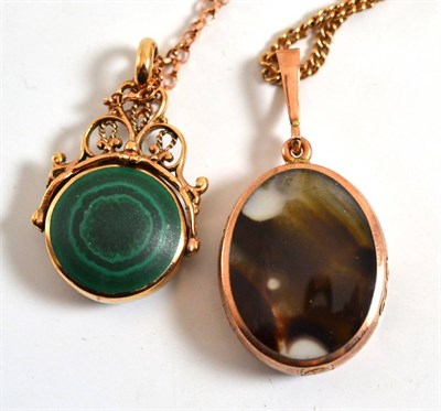 Lot 44 - Two 9ct rose gold agate set swivel pendants on a 9ct rose gold chain