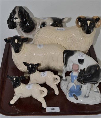 Lot 60 - Continental group, Melba pottery dog, pottery sheep and a Capodimonte bowl