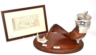 Lot 62 - A pewter mounted snuff mull with stand and a 19th century cheque from J Blackhouse, Darlington (2)