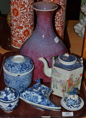 Lot 68 - A red ground vase, blue and white ceramics and a teapot