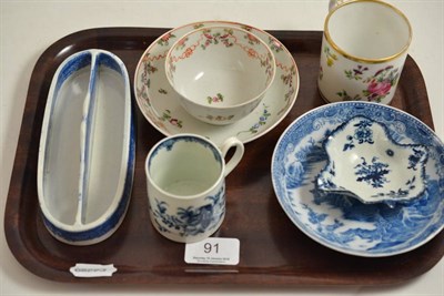 Lot 91 - A tray including a tea bowl and saucer, a coffee can, a pickle dish etc