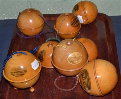 Lot 122 - A collection of Mauchline ware comprising: seven string boxes of globular form (7)